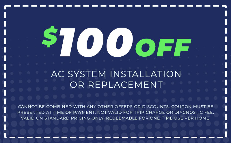 $100 off AC system installation or replacement coupon with terms and conditions for Service Ready Air Conditioning & Plumbing.
