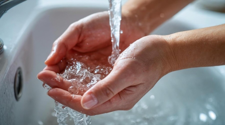 Hands cupping flowing water in a sink, illustrating the importance of clean water and plumbing maintenance for backflow prevention.